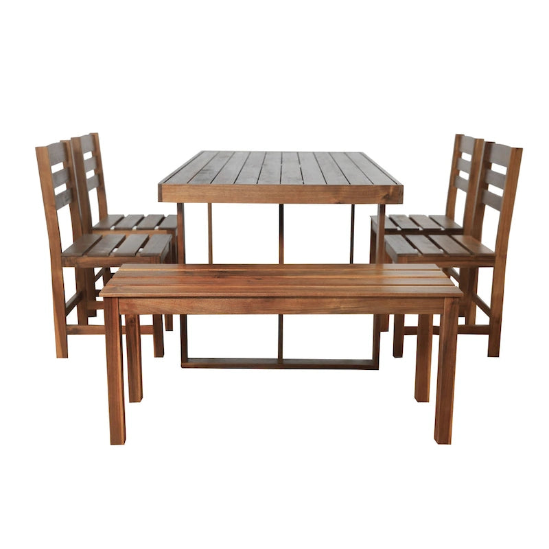 Table et chaises d'extérieur en bois d'acacia avec 4 chaises et un banc, salon de jardin 6 pièces adapté à une terrasse de 7 pièces