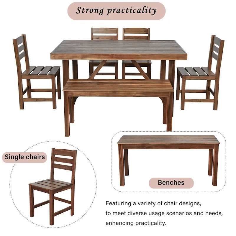 Table et chaises d'extérieur en bois d'acacia avec 4 chaises et un banc, salon de jardin 6 pièces adapté à une terrasse de 7 pièces