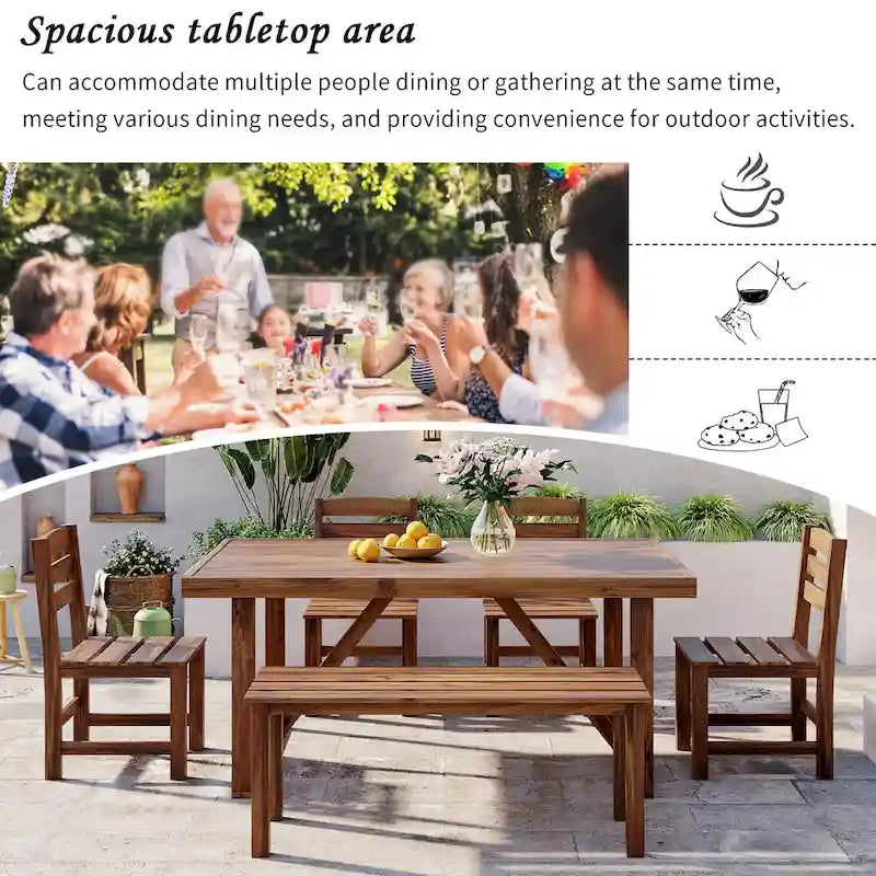 Table et chaises d'extérieur en bois d'acacia avec 4 chaises et un banc, salon de jardin 6 pièces adapté à une terrasse de 7 pièces