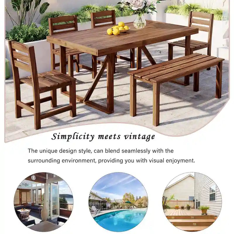 Table et chaises d'extérieur en bois d'acacia avec 4 chaises et un banc, salon de jardin 6 pièces adapté à une terrasse de 7 pièces