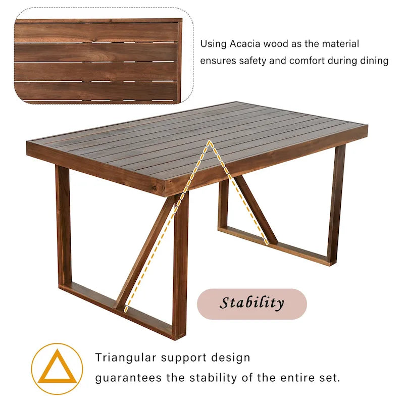 Table et chaises d'extérieur en bois d'acacia avec 4 chaises et un banc, salon de jardin 6 pièces adapté à une terrasse de 7 pièces