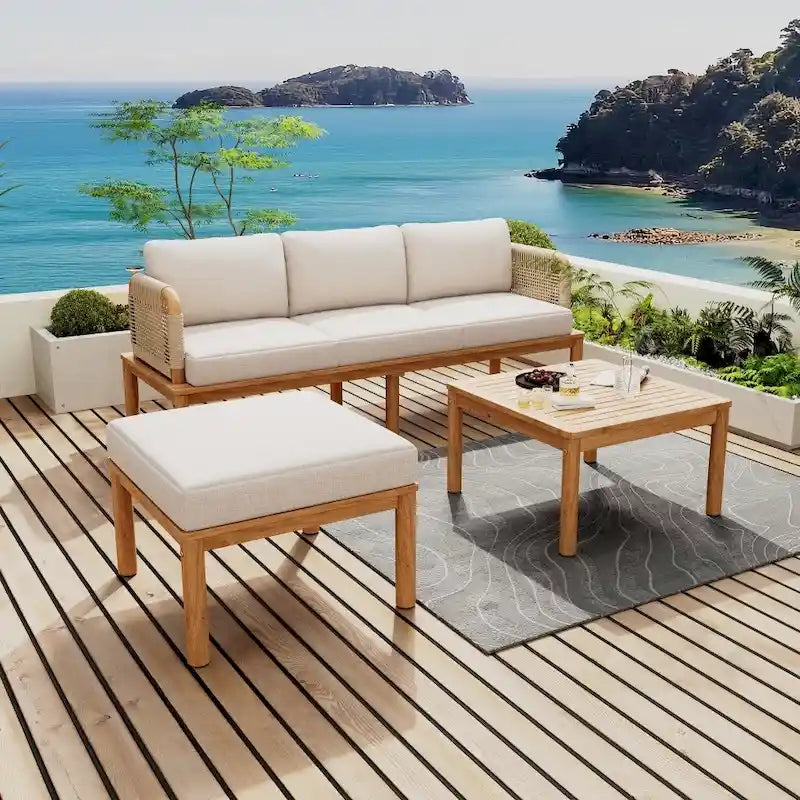 Ensemble de canapé d'extérieur moderne 3 pièces en bois d'acacia avec table basse pour patio