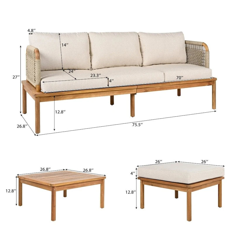 Ensemble de canapé d'extérieur moderne 3 pièces en bois d'acacia avec table basse pour patio