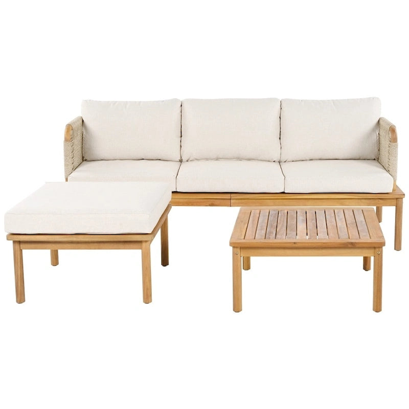 Ensemble de canapé d'extérieur moderne 3 pièces en bois d'acacia avec table basse pour patio