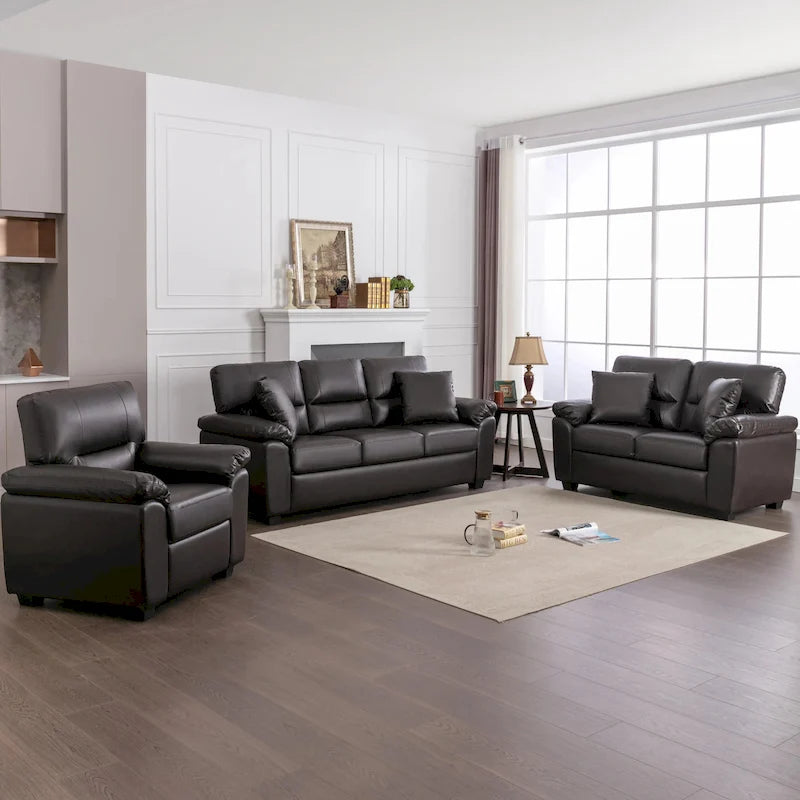 Ensemble de salon rembourré, 4 pièces - Fauteuil en similicuir, causeuse, canapé avec pouf