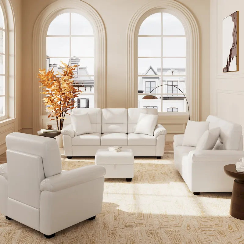 Ensemble de salon rembourré, 4 pièces - Fauteuil en similicuir, causeuse, canapé avec pouf