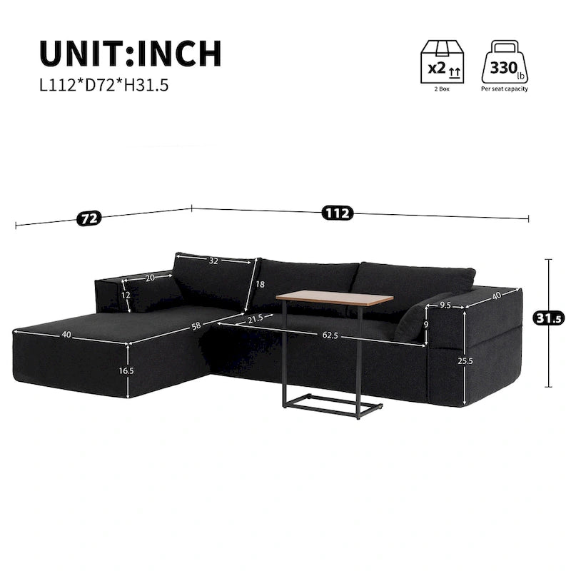 Canapé sectionnel modulaire en L avec table d'appoint, méridienne, assise large