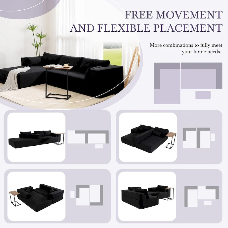 Canapé sectionnel modulaire en L avec table d'appoint, méridienne, assise large