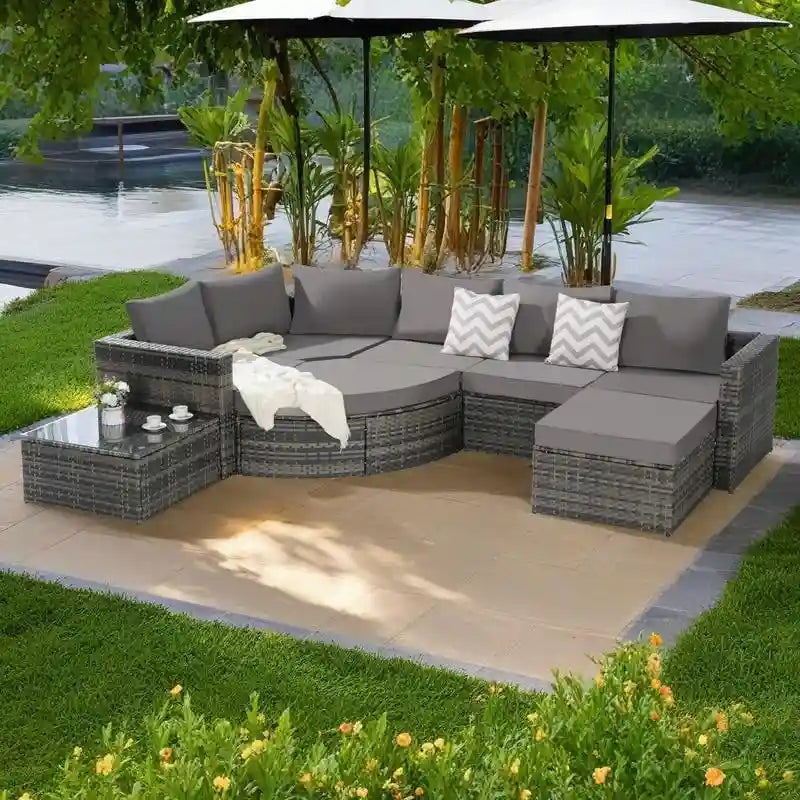Ensemble de canapé modulaire d'extérieur 8 pièces en rotin pour patio avec table basse en verre trempé