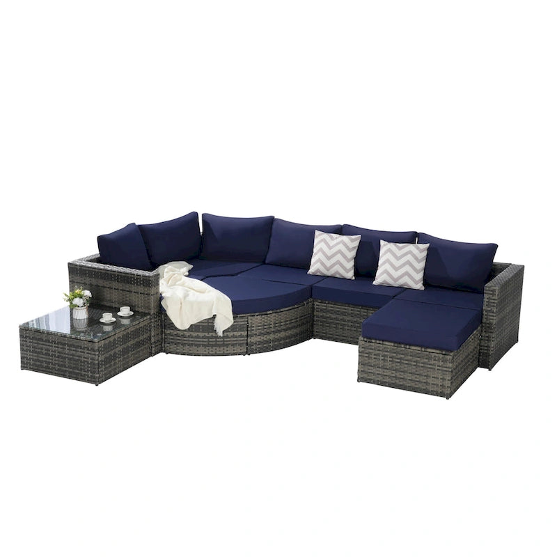 Ensemble de canapé modulaire d'extérieur 8 pièces en rotin pour patio avec table basse en verre trempé