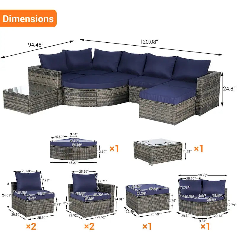 Ensemble de canapé modulaire d'extérieur 8 pièces en rotin pour patio avec table basse en verre trempé