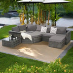 Ensemble de canapé modulaire d'extérieur 8 pièces en rotin pour patio avec table basse en verre trempé