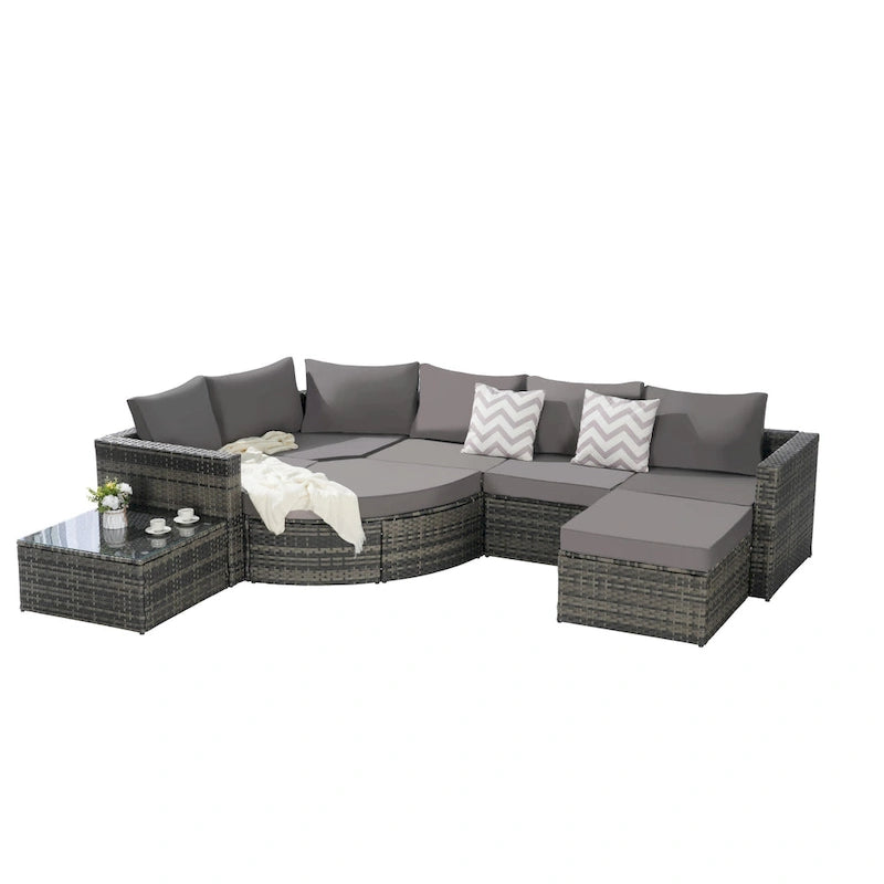 Ensemble de canapé modulaire d'extérieur 8 pièces en rotin pour patio avec table basse en verre trempé