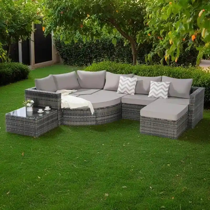 Ensemble de canapé modulaire d'extérieur 8 pièces en rotin pour patio avec table basse en verre trempé