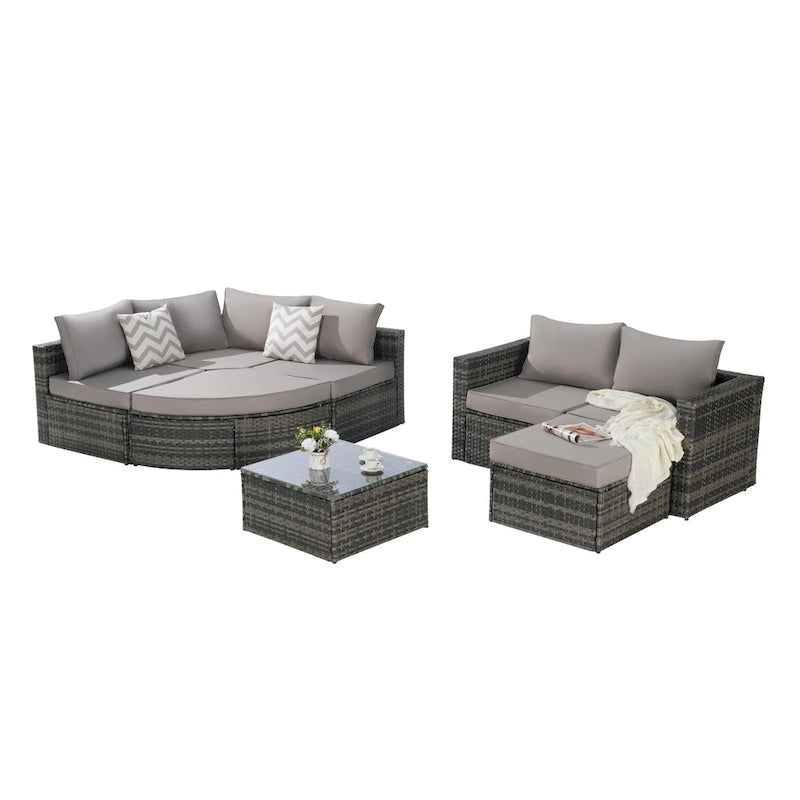 Ensemble de canapé modulaire d'extérieur 8 pièces en rotin pour patio avec table basse en verre trempé
