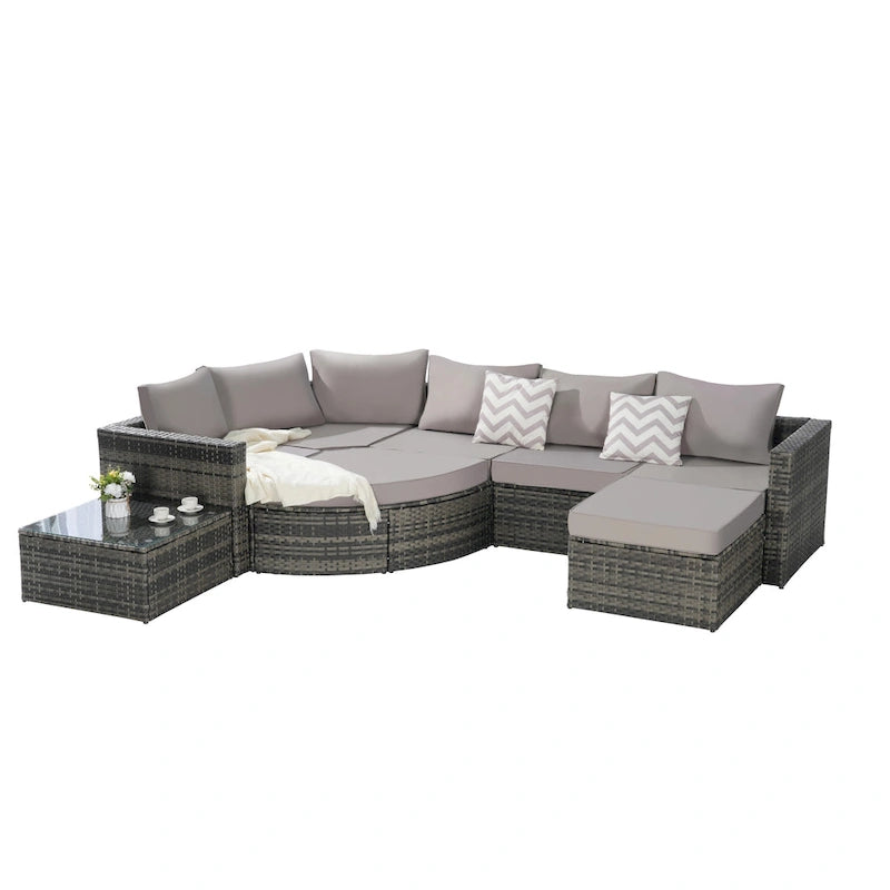 Ensemble de canapé modulaire d'extérieur 8 pièces en rotin pour patio avec table basse en verre trempé