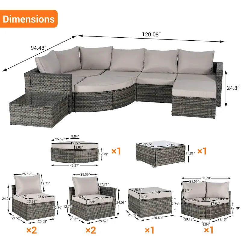 Ensemble de canapé modulaire d'extérieur 8 pièces en rotin pour patio avec table basse en verre trempé