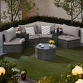 Ensemble de canapés de patio d'extérieur demi-lune 7 pièces avec table basse en verre trempé