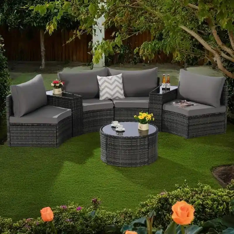 Ensemble de canapés de patio d'extérieur demi-lune 7 pièces avec table basse en verre trempé