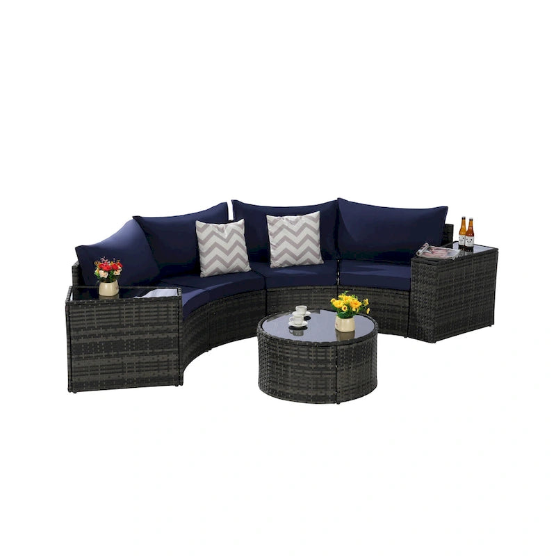 Ensemble de canapés de patio d'extérieur demi-lune 7 pièces avec table basse en verre trempé