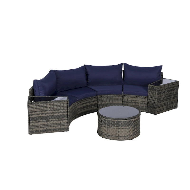 Ensemble de canapés de patio d'extérieur demi-lune 7 pièces avec table basse en verre trempé