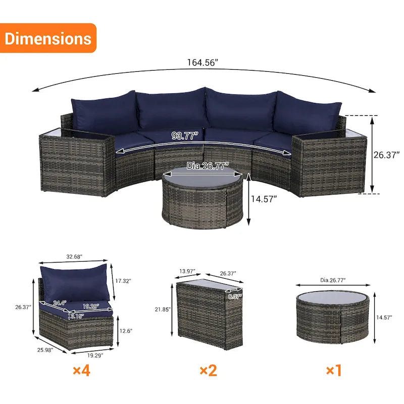 Ensemble de canapés de patio d'extérieur demi-lune 7 pièces avec table basse en verre trempé
