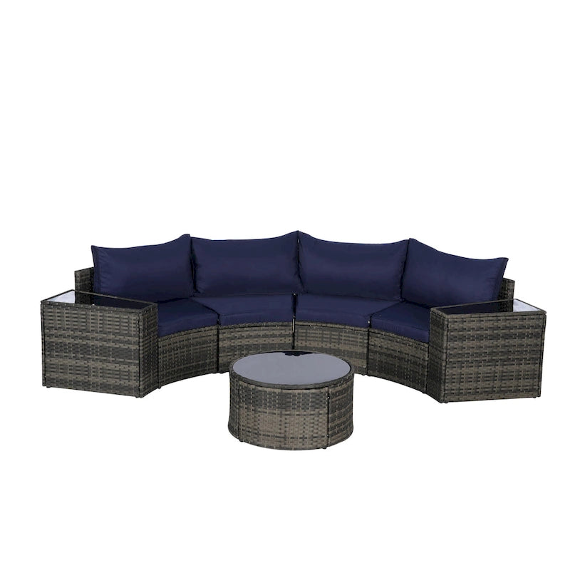 Ensemble de canapés de patio d'extérieur demi-lune 7 pièces avec table basse en verre trempé
