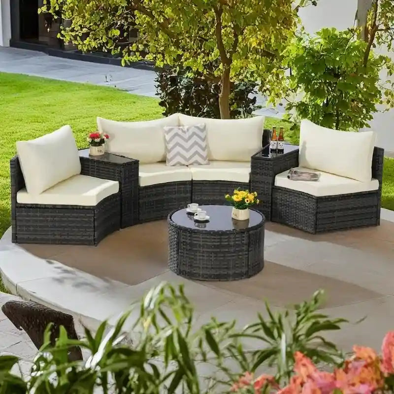 Ensemble de canapés de patio d'extérieur demi-lune 7 pièces avec table basse en verre trempé