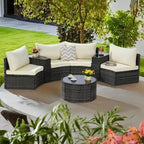 Ensemble de canapés de patio d'extérieur demi-lune 7 pièces avec table basse en verre trempé