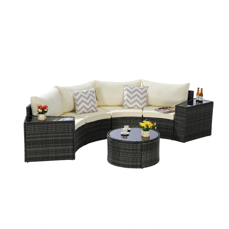 Ensemble de canapés de patio d'extérieur demi-lune 7 pièces avec table basse en verre trempé