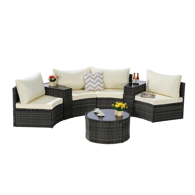 Ensemble de canapés de patio d'extérieur demi-lune 7 pièces avec table basse en verre trempé