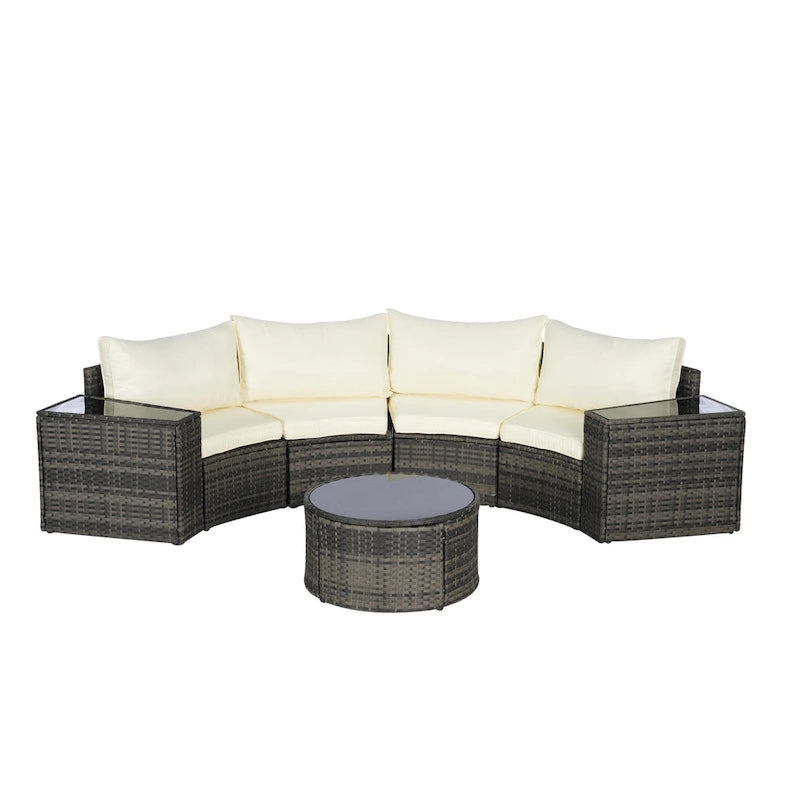 Ensemble de canapés de patio d'extérieur demi-lune 7 pièces avec table basse en verre trempé
