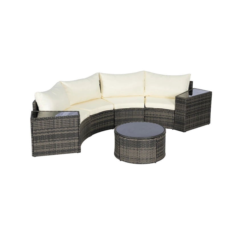 Ensemble de canapés de patio d'extérieur demi-lune 7 pièces avec table basse en verre trempé