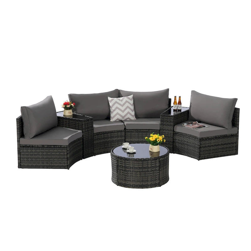 Ensemble de canapés de patio d'extérieur demi-lune 7 pièces avec table basse en verre trempé