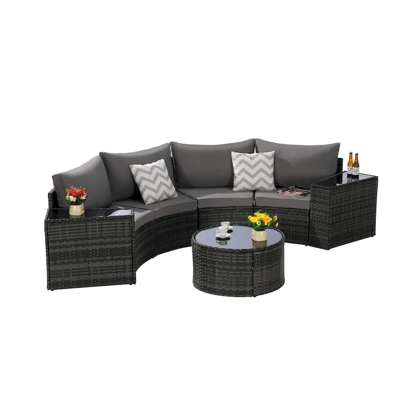 Ensemble de canapés de patio d'extérieur demi-lune 7 pièces avec table basse en verre trempé