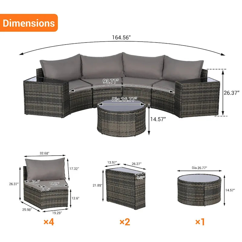 Ensemble de canapés de patio d'extérieur demi-lune 7 pièces avec table basse en verre trempé