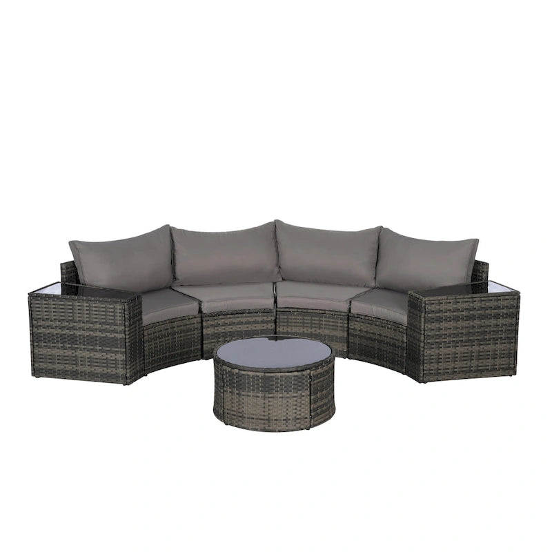Ensemble de canapés de patio d'extérieur demi-lune 7 pièces avec table basse en verre trempé