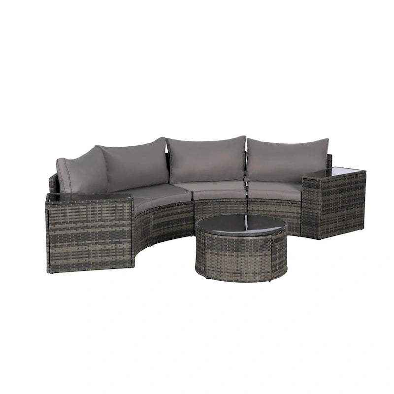 Ensemble de canapés de patio d'extérieur demi-lune 7 pièces avec table basse en verre trempé