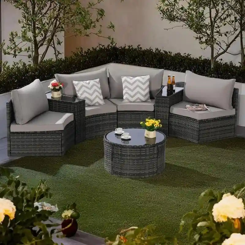 Ensemble de canapés de patio d'extérieur demi-lune 7 pièces avec table basse en verre trempé