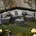 Ensemble de canapés de patio d'extérieur demi-lune 7 pièces avec table basse en verre trempé