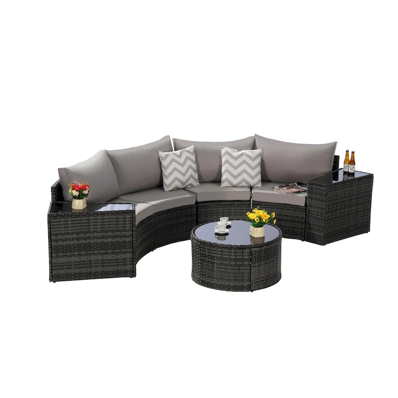 Ensemble de canapés de patio d'extérieur demi-lune 7 pièces avec table basse en verre trempé