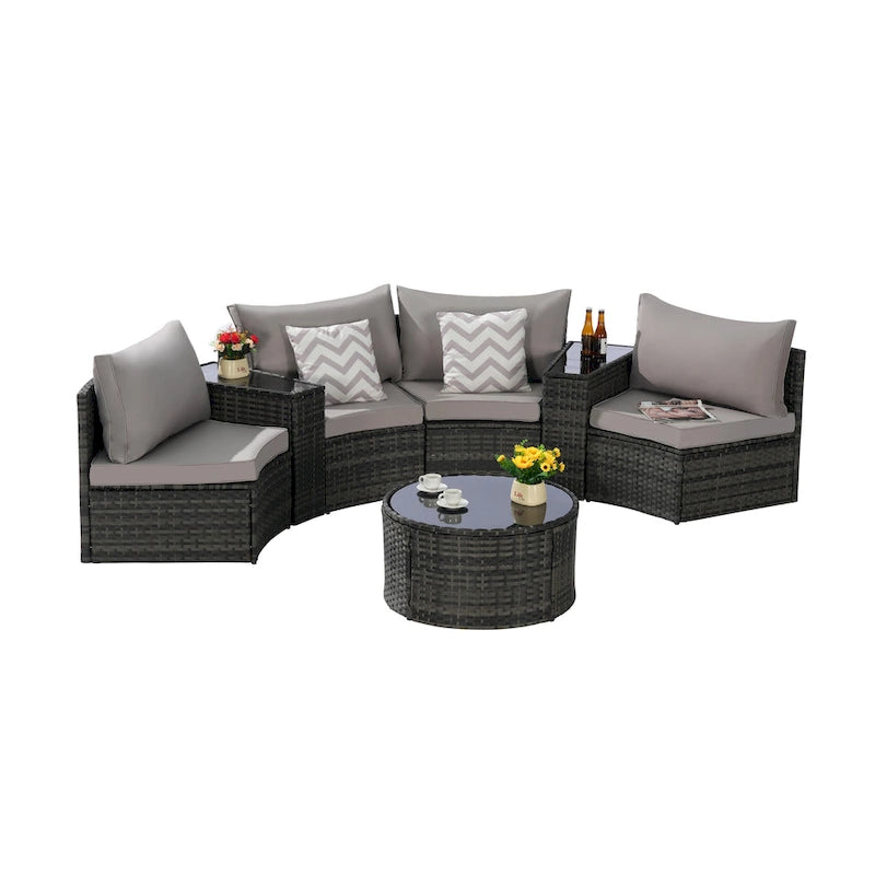 Ensemble de canapés de patio d'extérieur demi-lune 7 pièces avec table basse en verre trempé