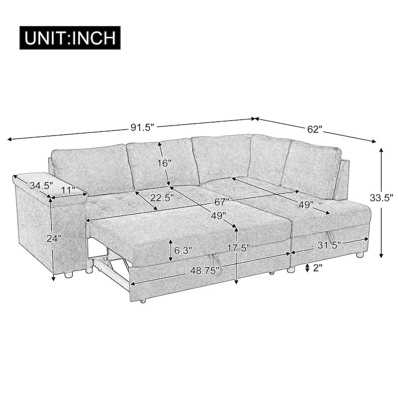 Canapé-lit d'angle 4 places avec lit gigogne et rangement, 91,5 po