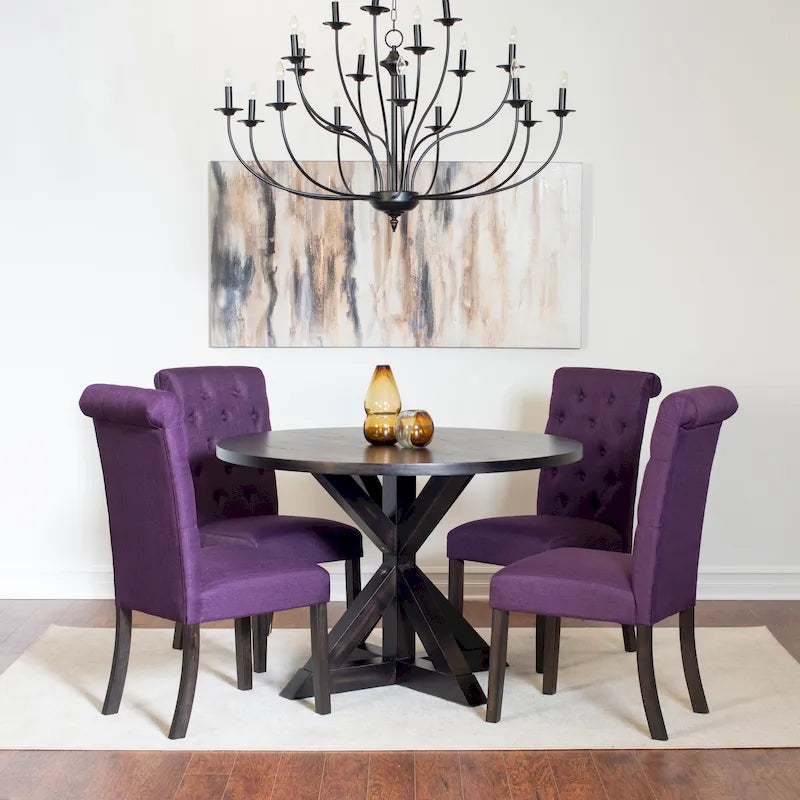 Ensemble de salle à manger 5 pièces de style moderne avec table ronde à piètement croisé et 4 chaises rembourrées en lin capitonné
