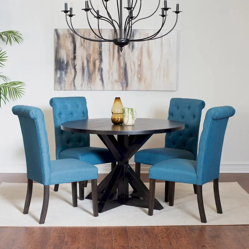 Ensemble de salle à manger 5 pièces de style moderne avec table ronde à piètement croisé et 4 chaises rembourrées en lin capitonné