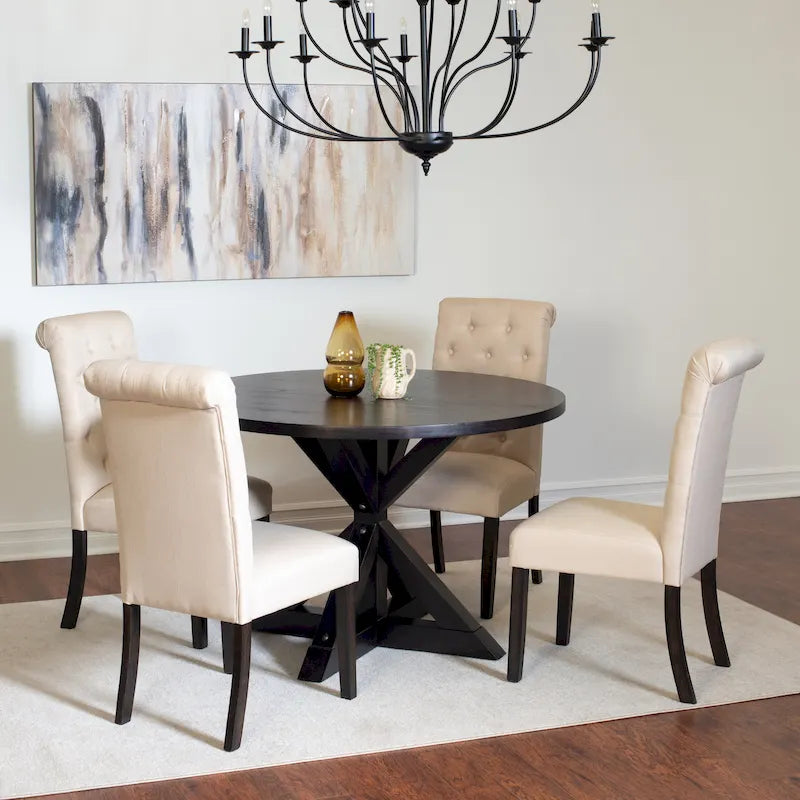 Ensemble de salle à manger 5 pièces de style moderne avec table ronde à piètement croisé et 4 chaises rembourrées en lin capitonné