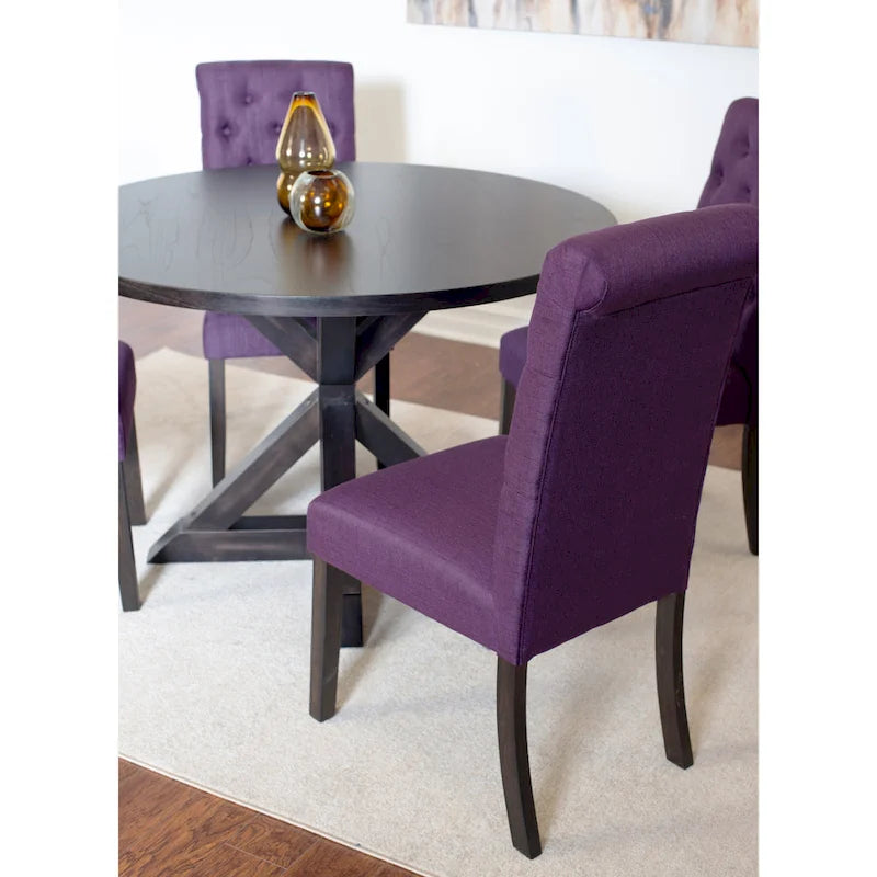 Ensemble de salle à manger 5 pièces de style moderne avec table ronde à piètement croisé et 4 chaises rembourrées en lin capitonné