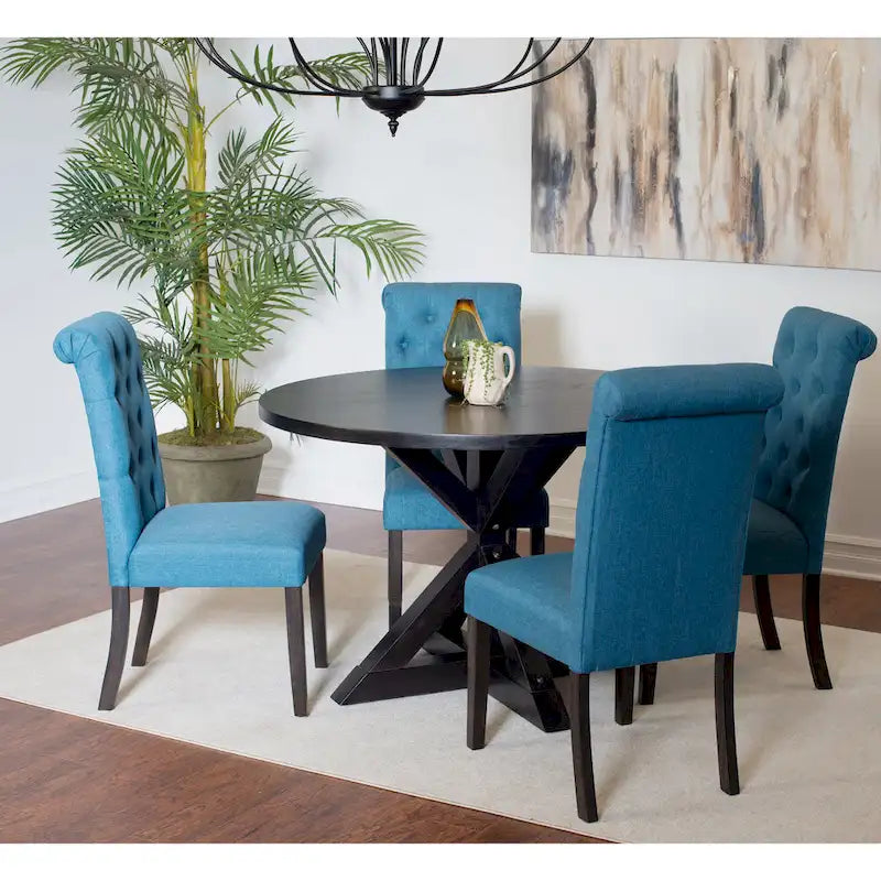 Ensemble de salle à manger 5 pièces de style moderne avec table ronde à piètement croisé et 4 chaises rembourrées en lin capitonné