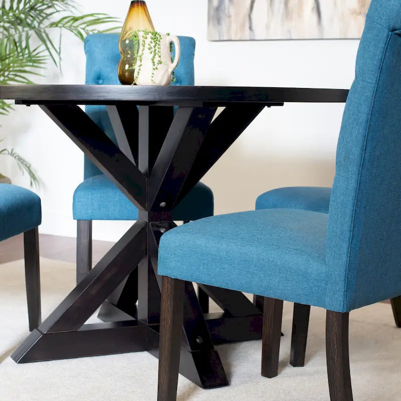 Ensemble de salle à manger 5 pièces de style moderne avec table ronde à piètement croisé et 4 chaises rembourrées en lin capitonné