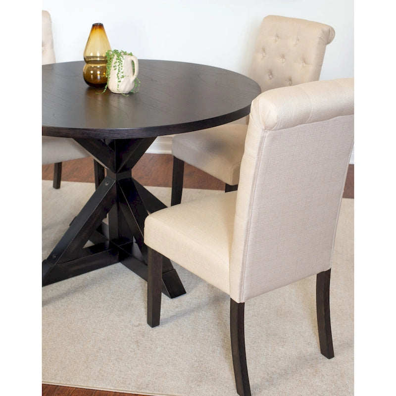 Ensemble de salle à manger 5 pièces de style moderne avec table ronde à piètement croisé et 4 chaises rembourrées en lin capitonné
